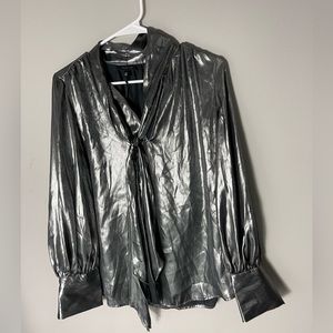 Who What Wear gun metal grey / silver tie neck blouse nwt Sz M